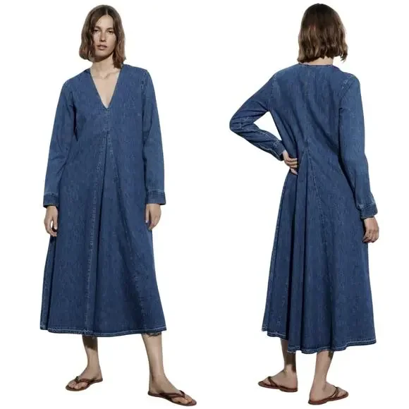Zara | Dresses | Zara Vneck Denim Midi Dress Size Large Nwt | Poshmark